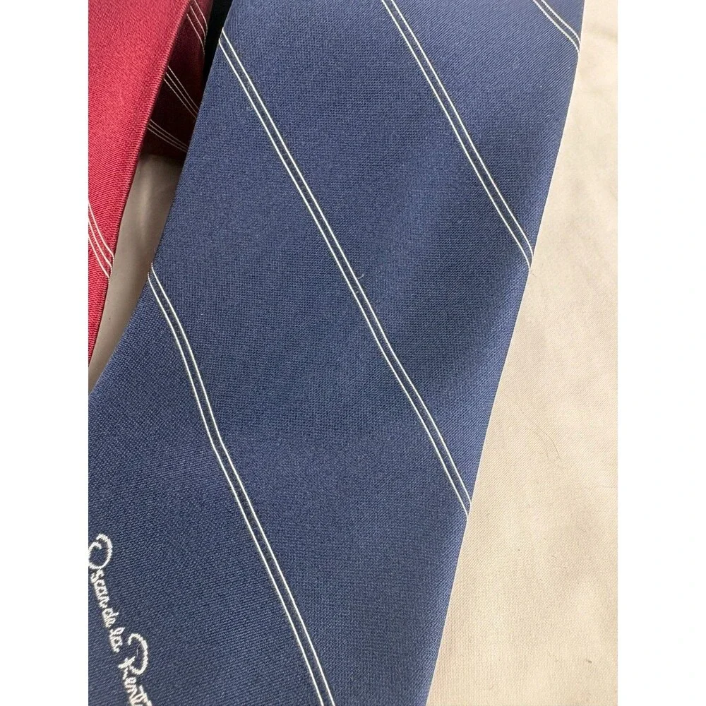 Lot of 2 Vintage Oscar de la Renta Pinstripe Silk Neck Ties Set Burgundy Navy